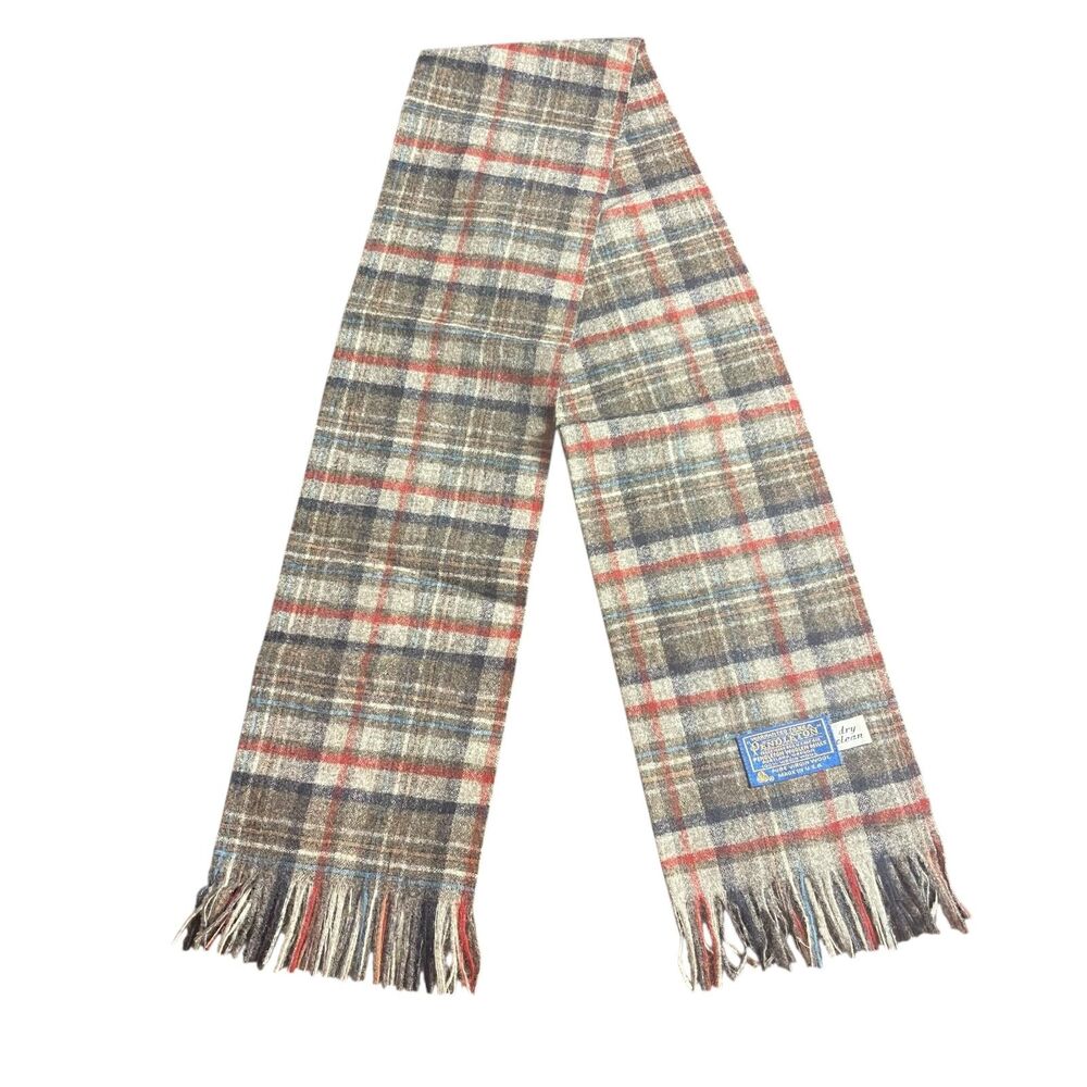 Vintage Pendleton 100% Virgin Wool Plaid Scarf Fringe Blue Label USA Tartan Prep